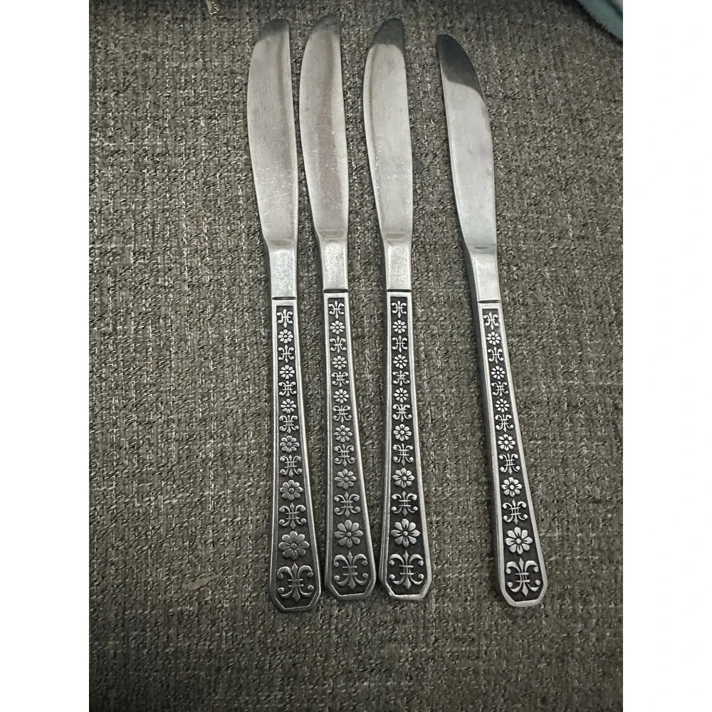 Vintage Interpur Floral Butter Knife Jordinera Pattern Stainless Steel Set Of 4